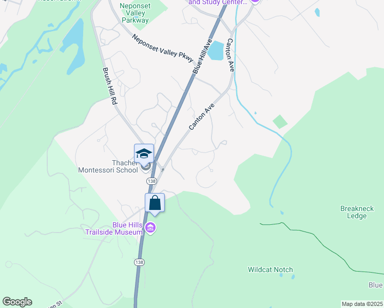 map of restaurants, bars, coffee shops, grocery stores, and more near 1702 Canton Avenue in Milton