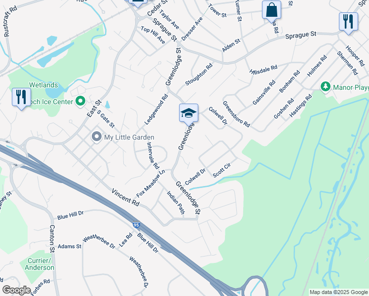 map of restaurants, bars, coffee shops, grocery stores, and more near 2 Smith Circle in Dedham