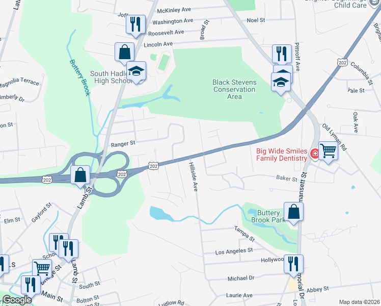 map of restaurants, bars, coffee shops, grocery stores, and more near 123 Granby Road in South Hadley