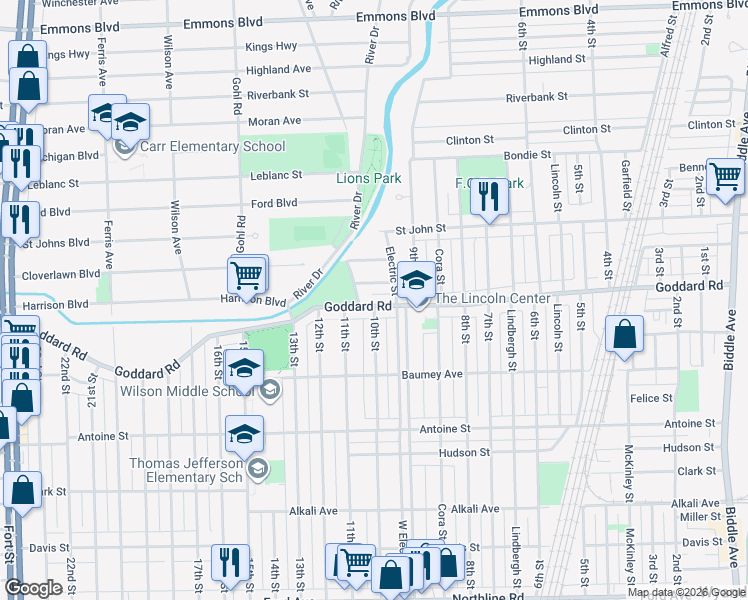 map of restaurants, bars, coffee shops, grocery stores, and more near 994 Goddard Road in Wyandotte