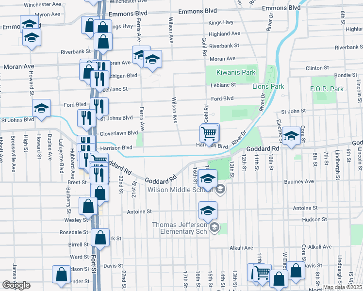 map of restaurants, bars, coffee shops, grocery stores, and more near Harrison Boulevard in Lincoln Park