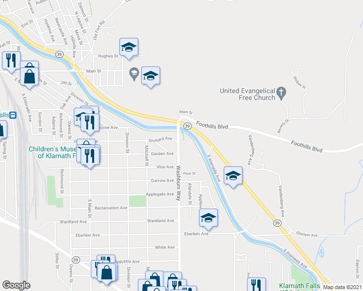 map of restaurants, bars, coffee shops, grocery stores, and more near 615 Washburn Way in Klamath Falls