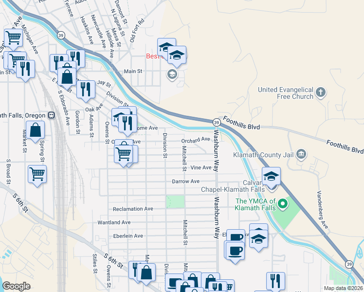 map of restaurants, bars, coffee shops, grocery stores, and more near 2332 Orchard Avenue in Klamath Falls