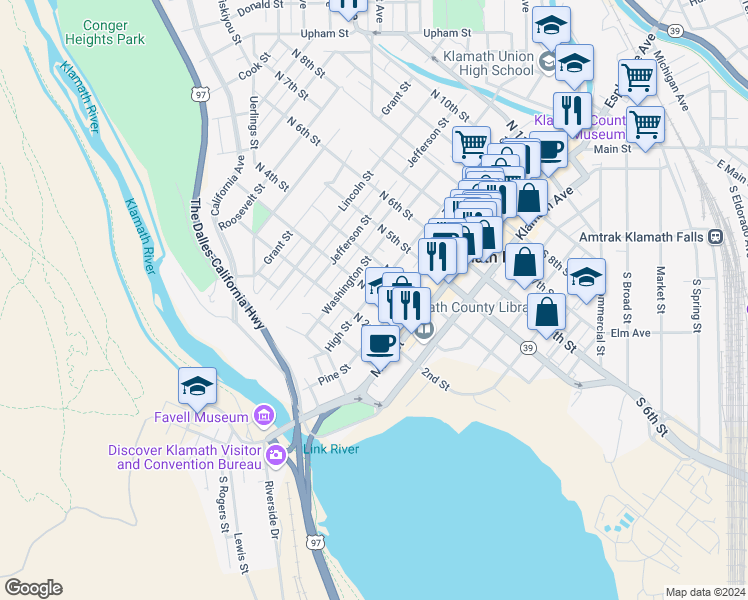 map of restaurants, bars, coffee shops, grocery stores, and more near 234 North 3rd Street in Klamath Falls