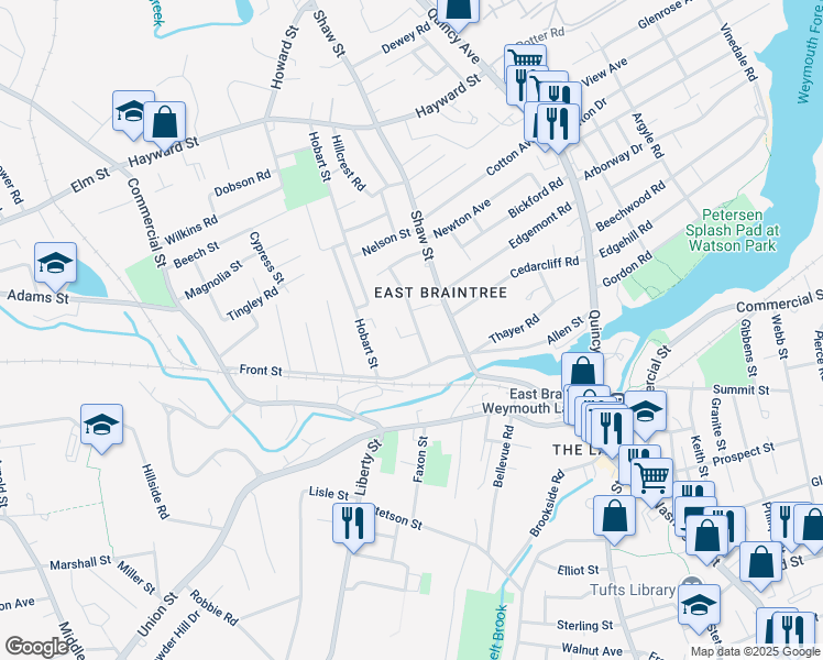 map of restaurants, bars, coffee shops, grocery stores, and more near 25 Sheppard Avenue in Braintree