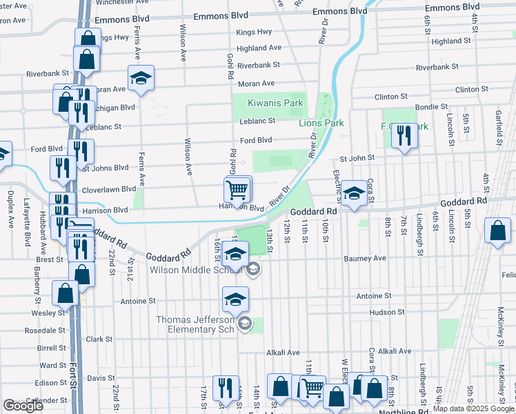 map of restaurants, bars, coffee shops, grocery stores, and more near Harrison Boulevard in Lincoln Park