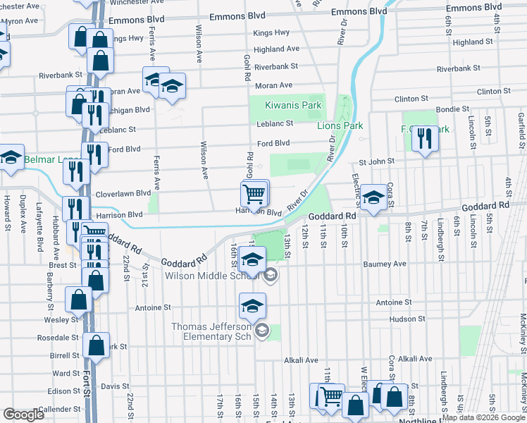 map of restaurants, bars, coffee shops, grocery stores, and more near 720 Harrison Boulevard in Lincoln Park