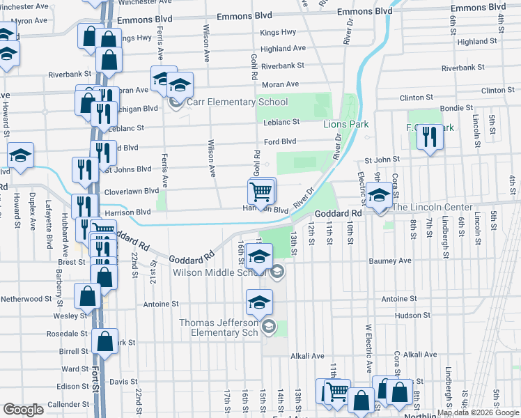 map of restaurants, bars, coffee shops, grocery stores, and more near 720 Harrison Boulevard in Lincoln Park