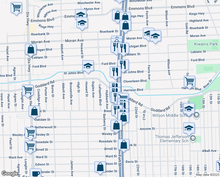 map of restaurants, bars, coffee shops, grocery stores, and more near 1358 Goddard Road in Lincoln Park
