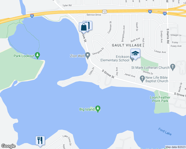 map of restaurants, bars, coffee shops, grocery stores, and more near 1665 Cliff's Landing in Ypsilanti