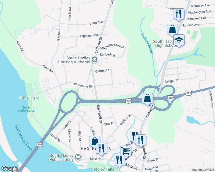 map of restaurants, bars, coffee shops, grocery stores, and more near 15 Summit Street in South Hadley