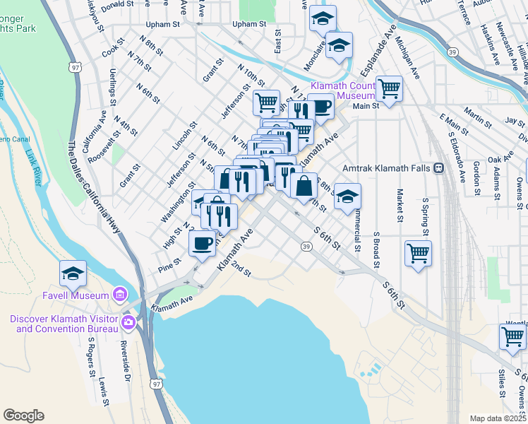 map of restaurants, bars, coffee shops, grocery stores, and more near Klamath Avenue in Klamath Falls