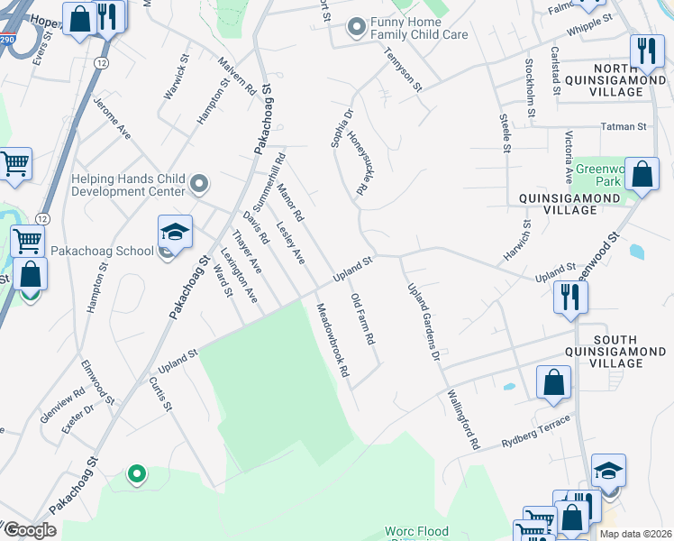 map of restaurants, bars, coffee shops, grocery stores, and more near 35 Manor Road in Auburn