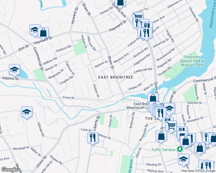 map of restaurants, bars, coffee shops, grocery stores, and more near 25 Sheppard Avenue in Braintree
