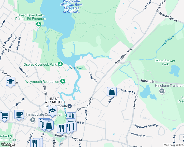 map of restaurants, bars, coffee shops, grocery stores, and more near 49 Clinton Road in Weymouth