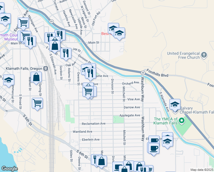 map of restaurants, bars, coffee shops, grocery stores, and more near 2234 Orchard Avenue in Klamath Falls