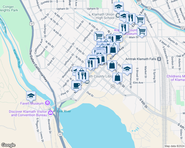 map of restaurants, bars, coffee shops, grocery stores, and more near 422 Main Street in Klamath Falls