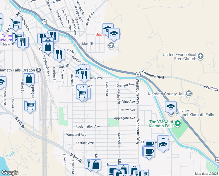 map of restaurants, bars, coffee shops, grocery stores, and more near 2312 Orchard Avenue in Klamath Falls