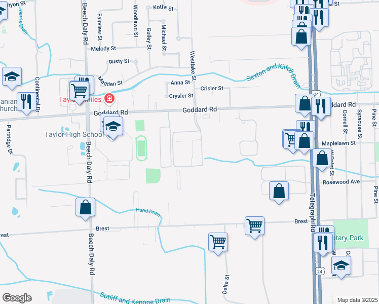map of restaurants, bars, coffee shops, grocery stores, and more near 11374 Brydan Street in Taylor