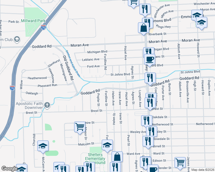 map of restaurants, bars, coffee shops, grocery stores, and more near 2190 Goddard Road in Lincoln Park