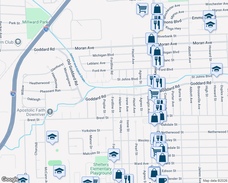 map of restaurants, bars, coffee shops, grocery stores, and more near 2190 Goddard Road in Lincoln Park