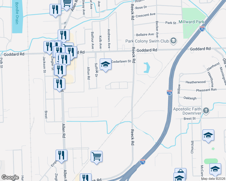 map of restaurants, bars, coffee shops, grocery stores, and more near 16505 Hamilton Street in Southgate