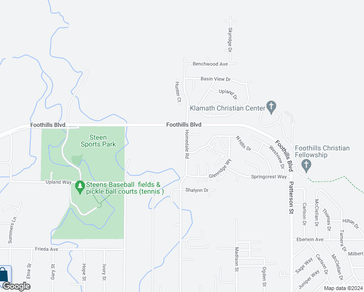 map of restaurants, bars, coffee shops, grocery stores, and more near 5421 North Hills Drive in Klamath Falls