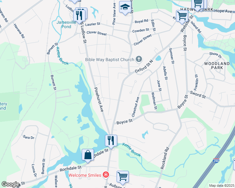 map of restaurants, bars, coffee shops, grocery stores, and more near 57 Oxford Street North in Auburn
