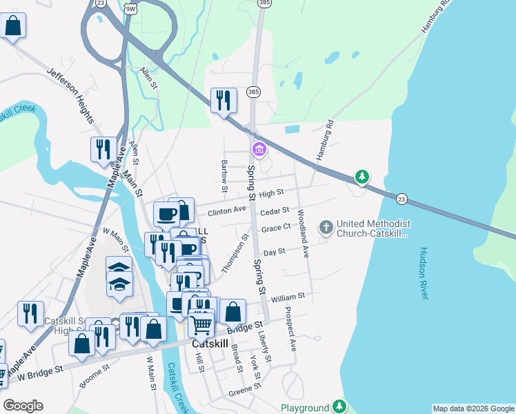 map of restaurants, bars, coffee shops, grocery stores, and more near 164 Spring Street in Catskill