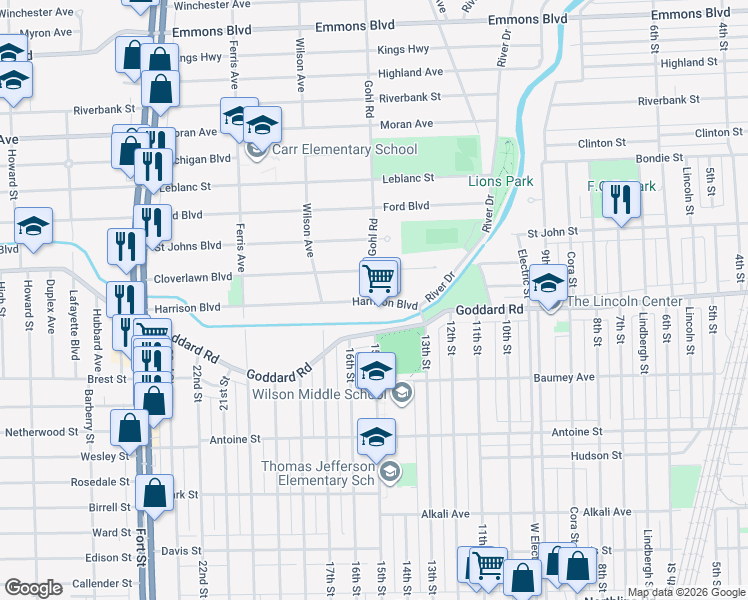 map of restaurants, bars, coffee shops, grocery stores, and more near 720 Harrison Boulevard in Lincoln Park