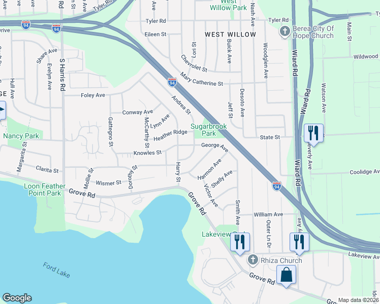 map of restaurants, bars, coffee shops, grocery stores, and more near 1559 Andrea Street in Ypsilanti