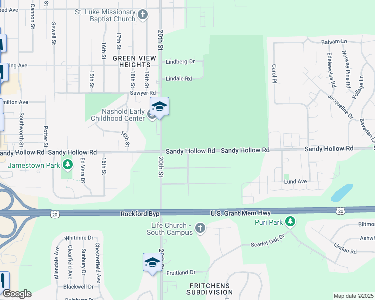 map of restaurants, bars, coffee shops, grocery stores, and more near 2834 Sandy Hollow Road in Rockford
