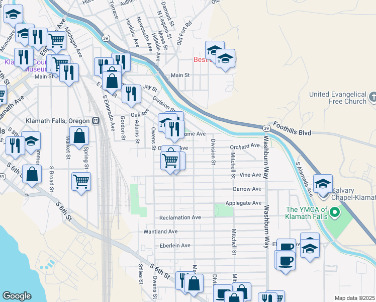map of restaurants, bars, coffee shops, grocery stores, and more near 2150 Orchard Avenue in Klamath Falls