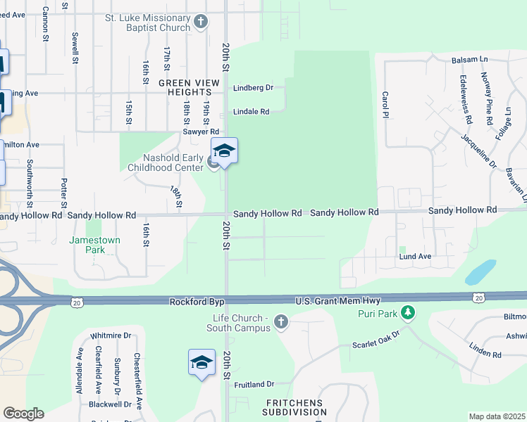 map of restaurants, bars, coffee shops, grocery stores, and more near 2834 Sandy Hollow Road in Rockford