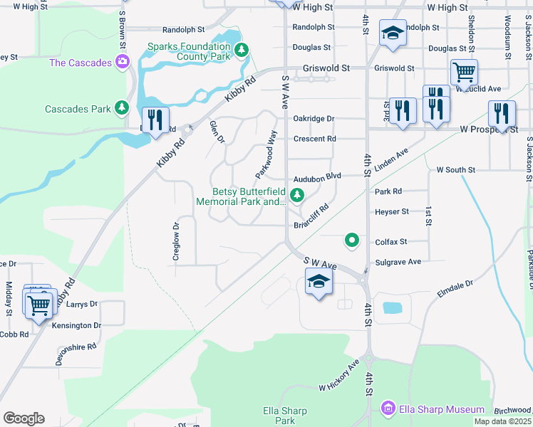 map of restaurants, bars, coffee shops, grocery stores, and more near 2043 Wildwood Lane in Jackson