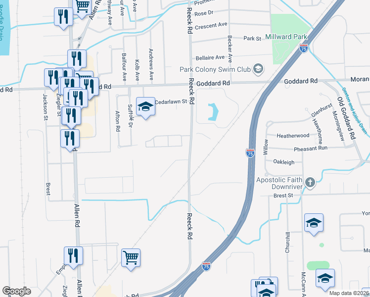 map of restaurants, bars, coffee shops, grocery stores, and more near 16605 Rudgate Street in Southgate