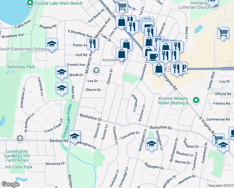 map of restaurants, bars, coffee shops, grocery stores, and more near 619 Sussex Lane in Crystal Lake