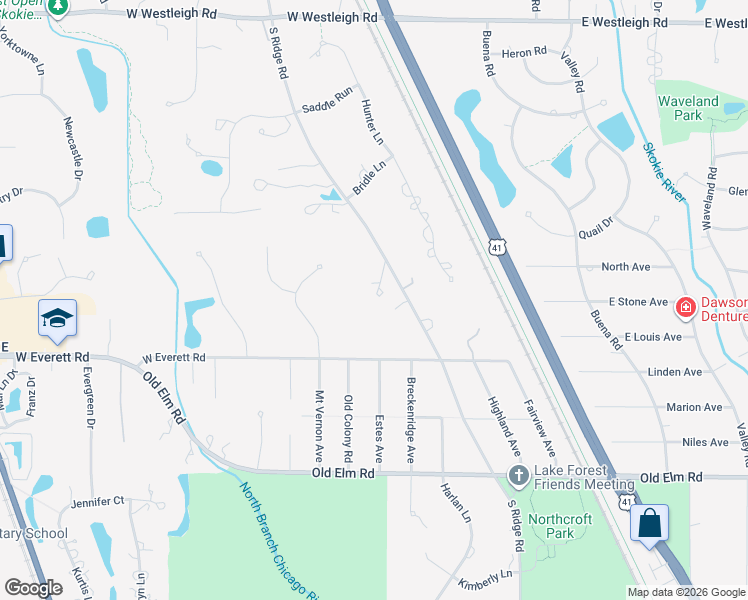 map of restaurants, bars, coffee shops, grocery stores, and more near 810 South Ridge Road in Lake Forest