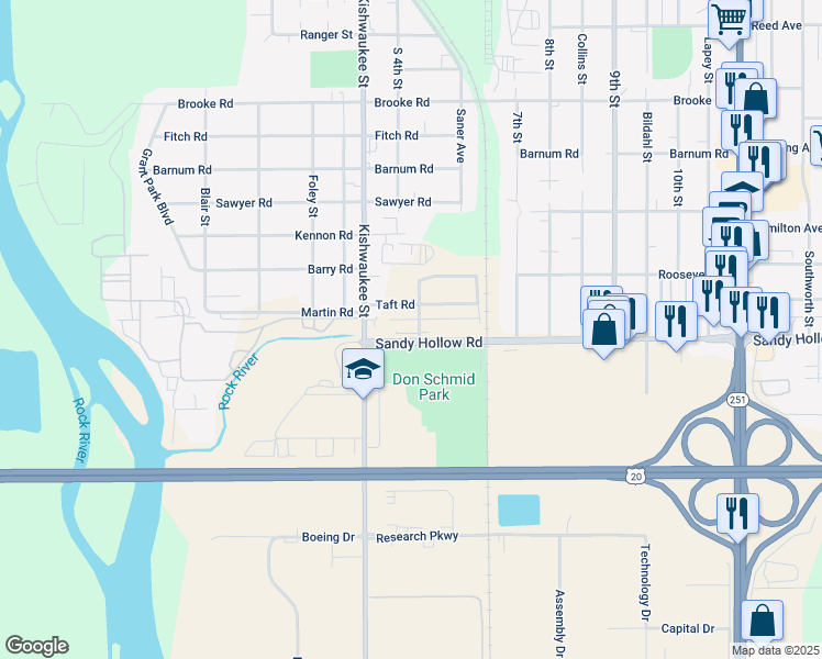 map of restaurants, bars, coffee shops, grocery stores, and more near 728 Sandy Hollow Road in Rockford