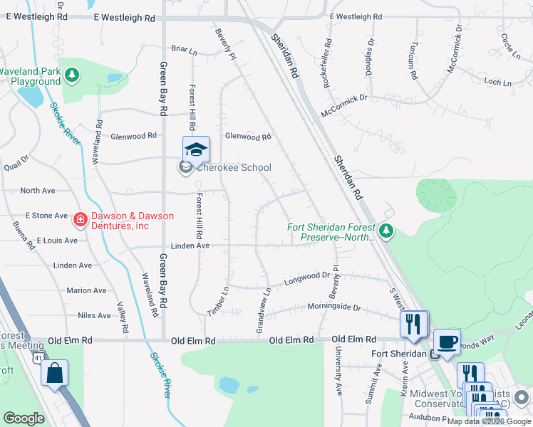 map of restaurants, bars, coffee shops, grocery stores, and more near 645 Grandview Lane in Lake Forest