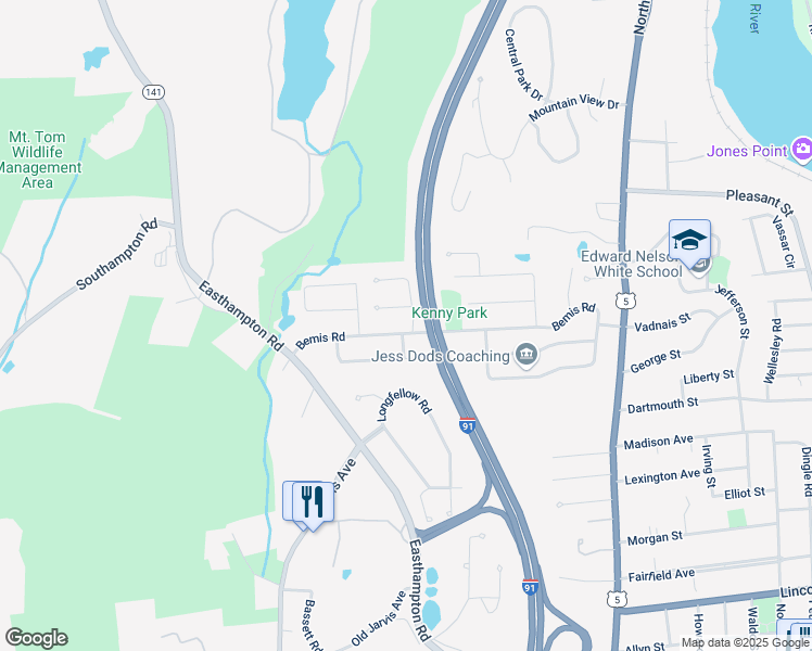 map of restaurants, bars, coffee shops, grocery stores, and more near 1 Joanne Drive in Holyoke