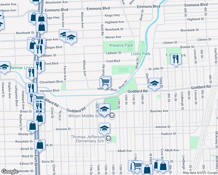 map of restaurants, bars, coffee shops, grocery stores, and more near 720 Harrison Boulevard in Lincoln Park