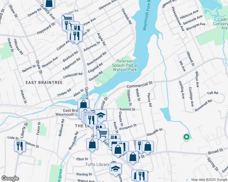 map of restaurants, bars, coffee shops, grocery stores, and more near 201 Commercial Street in Weymouth