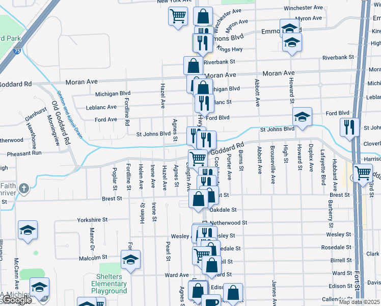 map of restaurants, bars, coffee shops, grocery stores, and more near 4124 Dix Highway in Lincoln Park