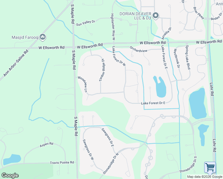 map of restaurants, bars, coffee shops, grocery stores, and more near 2258 Woodview Lane in Ann Arbor