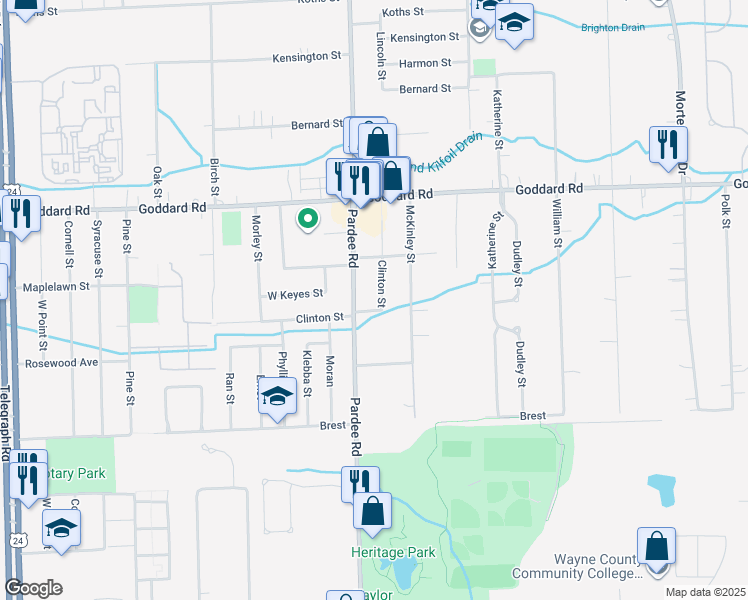 map of restaurants, bars, coffee shops, grocery stores, and more near 11300 Lincoln Street in Taylor