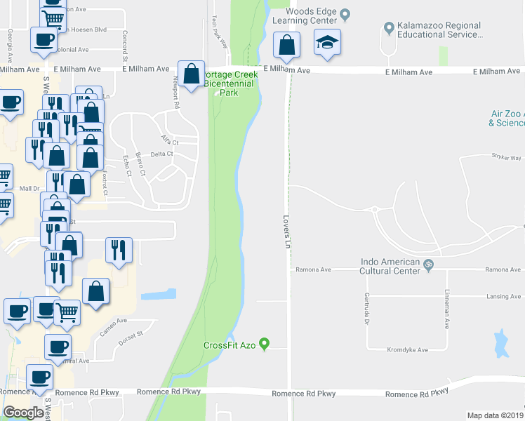 map of restaurants, bars, coffee shops, grocery stores, and more near 6428 Lovers Lane in Portage