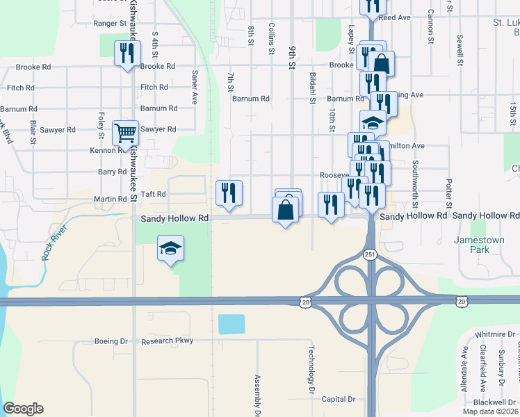 map of restaurants, bars, coffee shops, grocery stores, and more near 1110 Sandy Hollow Road in Rockford