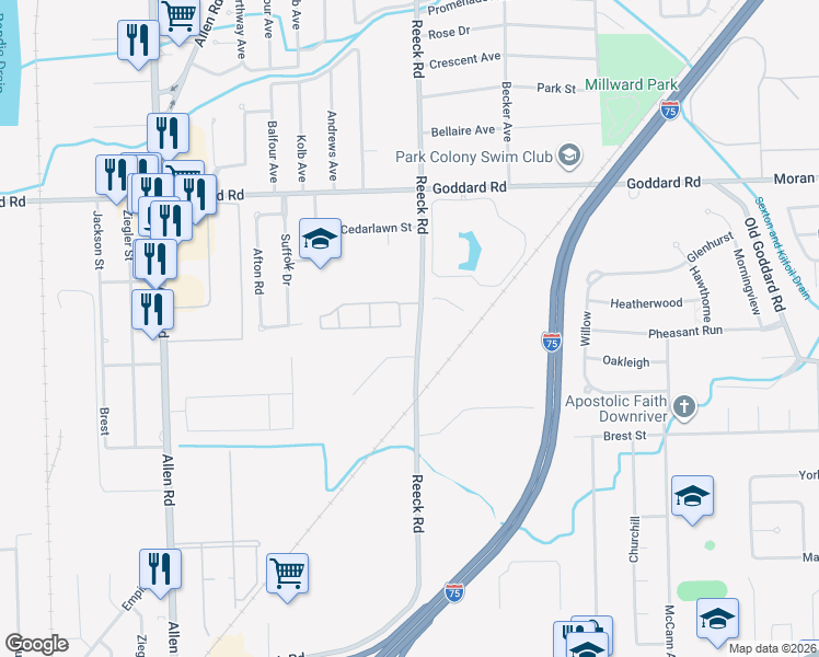 map of restaurants, bars, coffee shops, grocery stores, and more near 16605 Rudgate Street in Southgate
