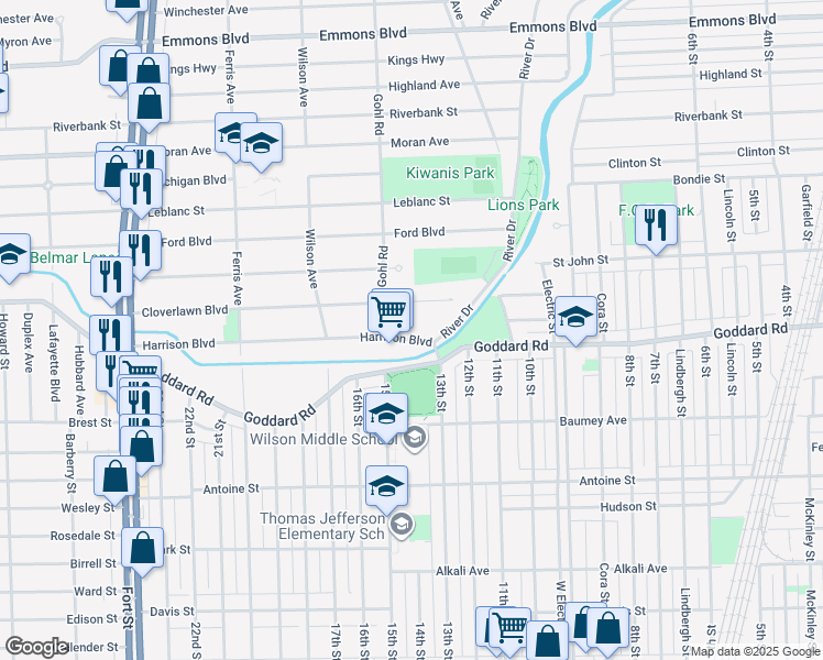 map of restaurants, bars, coffee shops, grocery stores, and more near 720 Harrison Boulevard in Lincoln Park